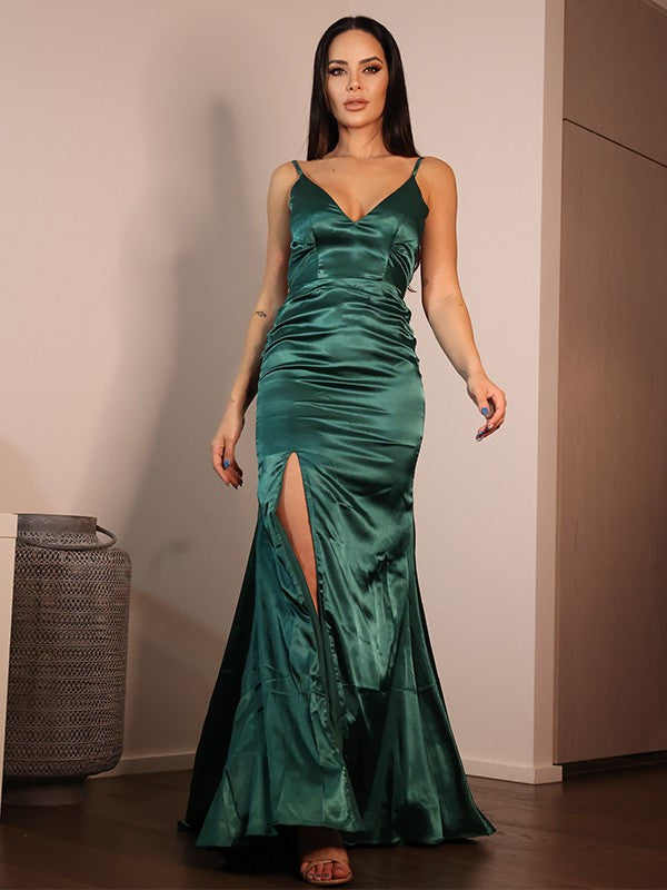 Sheath/Column like Ruched V-neck Sleeveless Sweep/Brush Train Dresses