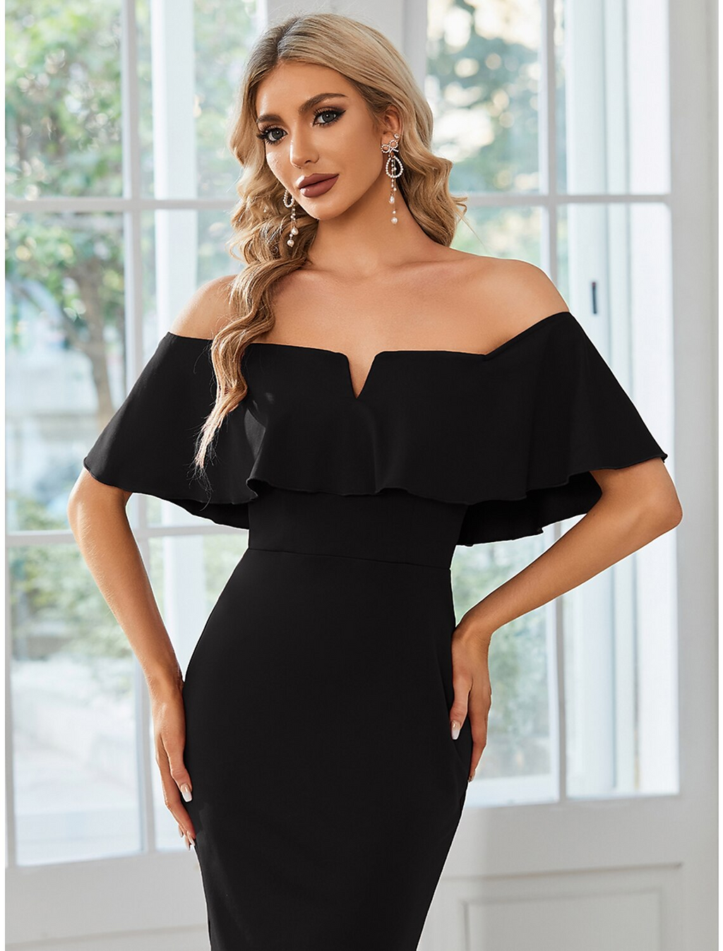 Wedding Guest Dresses Dress Party Wear Tea Length Short Sleeve Off Shoulder Fabric with Slit