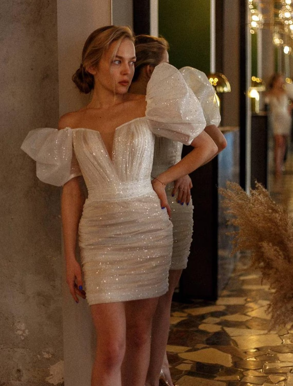 White Bridal Shower Sparkle Shine Little Dresses Wedding Dresses Short Sleeve Square With Ruched