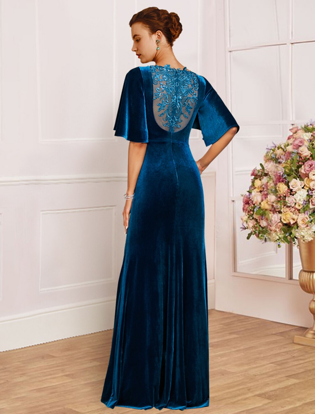 Mother of the Bride Dress Wedding Guest Vintage Elegant Scoop Neck Half Sleeve with Pleats Beading