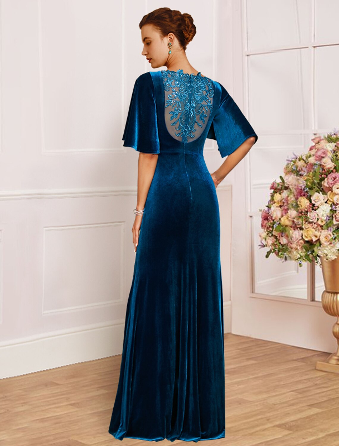 Mother of the Bride Dress Wedding Guest Vintage Elegant Scoop Neck Half Sleeve with Pleats Beading