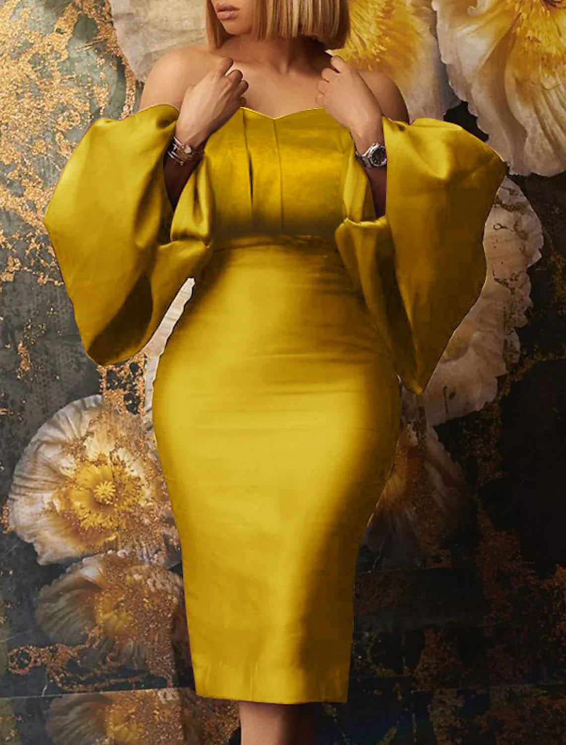 Sheath / Column Cocktail Dresses Plus Size Work Dress Party Midi Length Lantern Long Sleeve Off Shoulder with Ruched