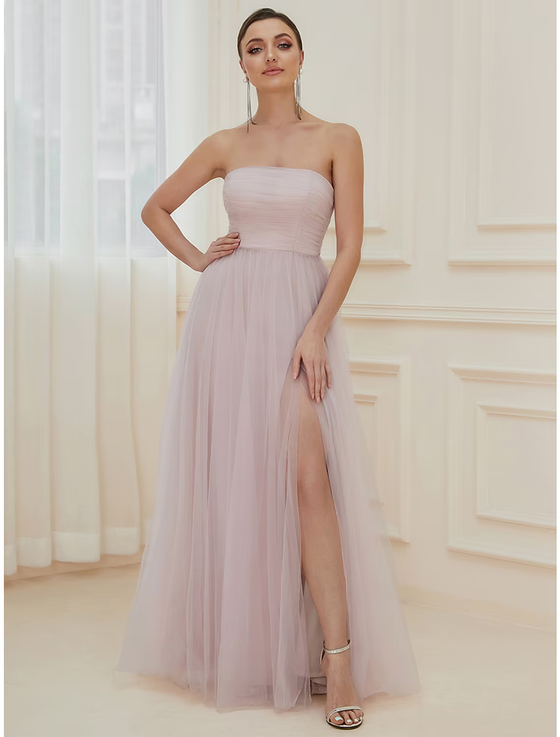 Evening Gown Elegant Dress Wedding Guest Floor Length Sleeveless Off Shoulder with Tiered