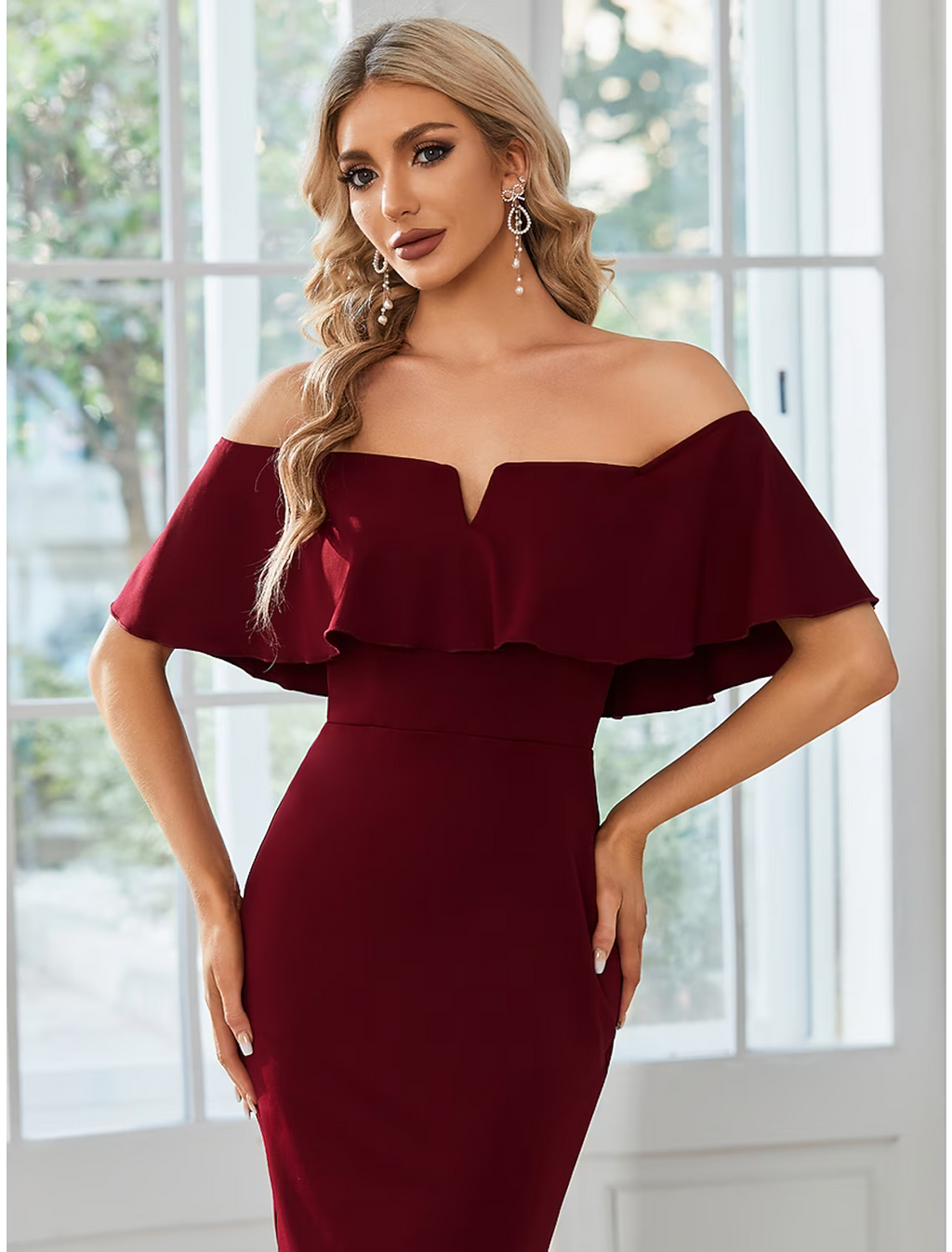 Wedding Guest Dresses Dress Party Wear Tea Length Short Sleeve Off Shoulder Fabric with Slit