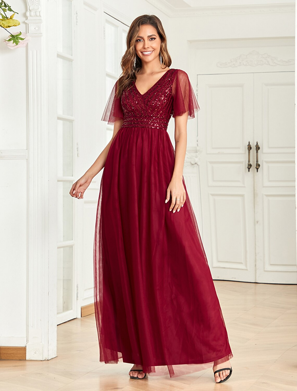 Party Dresses Empire Dress Party Wear Floor Length Short Sleeve V Neck V Back with Glitter