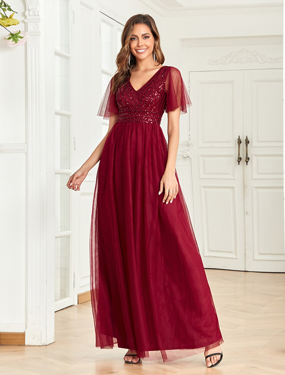 Party Dresses Empire Dress Party Wear Floor Length Short Sleeve V Neck V Back with Glitter