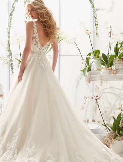 Elegant Red A-Line V-Neck Classic-Sleeve Open-Back Floor-Length Wedding Dress