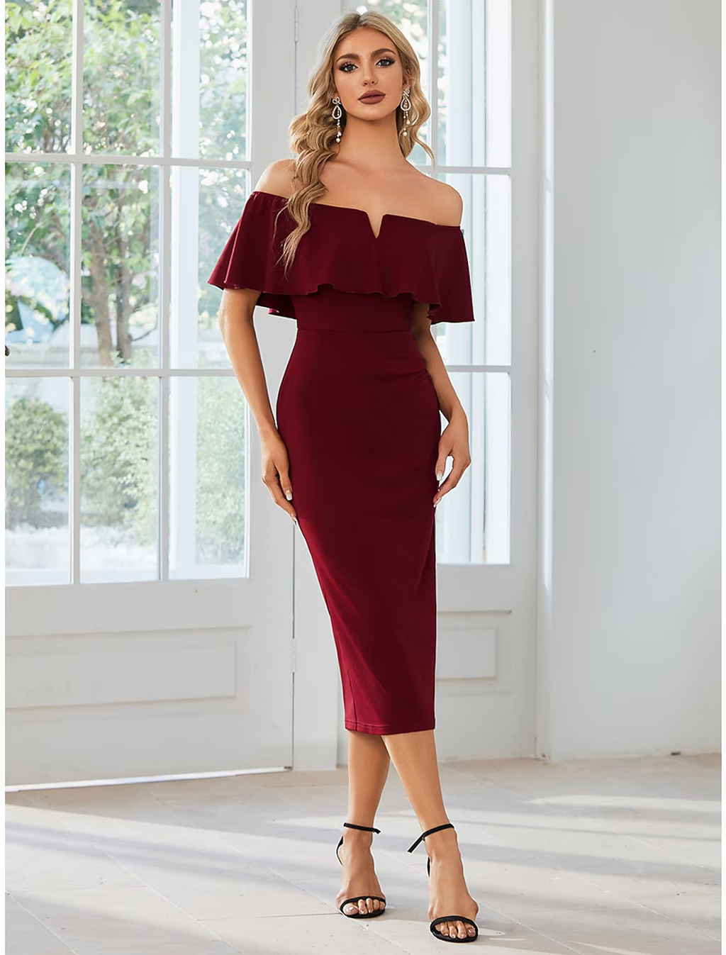 Wedding Guest Dresses Dress Party Wear Tea Length Short Sleeve Off Shoulder Fabric with Slit