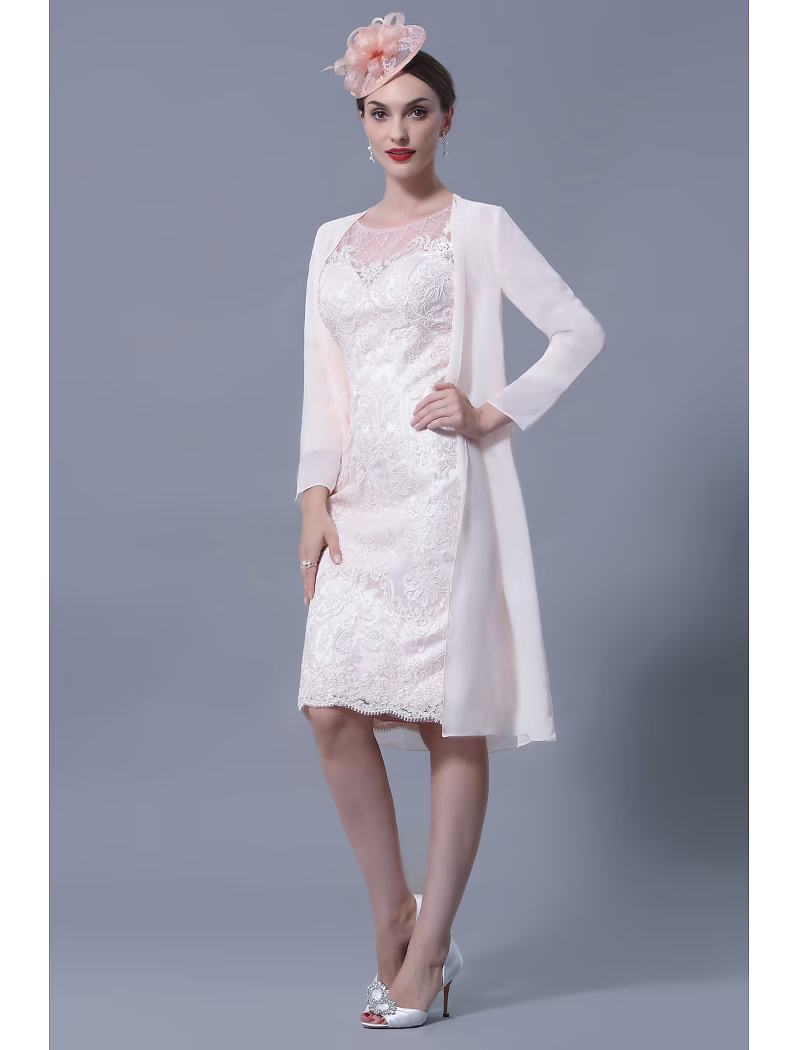 Two Piece Mother of the Bride Dress Church Elegant Jewel Neck Knee Length Sleeve with Embroidery