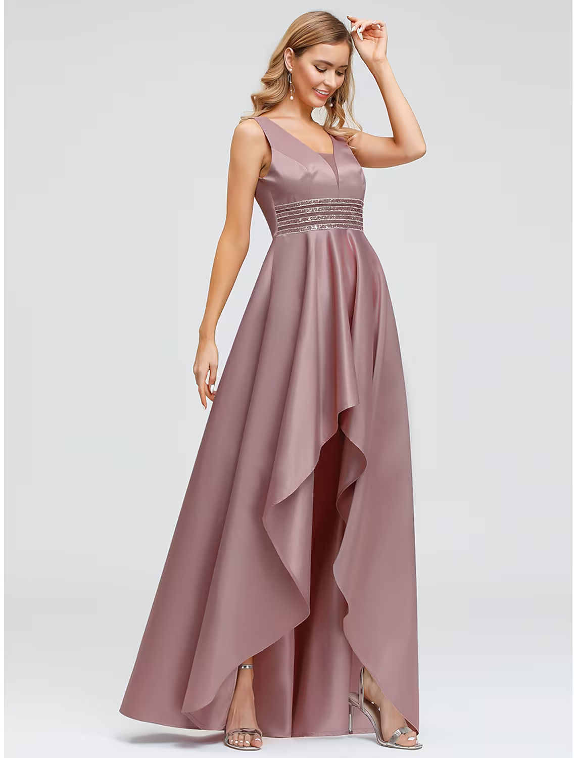 Wedding Guest Cocktail Party Dress V Neck V Back Sleeveless Asymmetrical with Crystals Beading