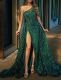 Green Mermaid Christmas Red Dress Prom Dresses Emerald Green Dress Wedding Guest Prom Sweep / Brush Train Short Sleeve One Shoulder