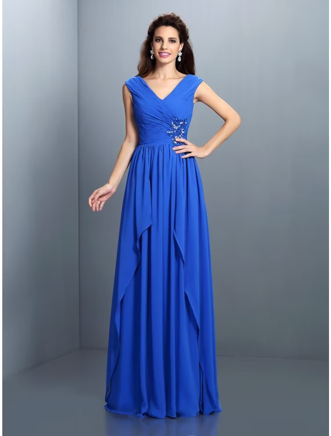 Evening Gown Sparkle & Shine Dress Wedding Guest Floor Length Sleeveless V Neck with Rhinestone Ruched