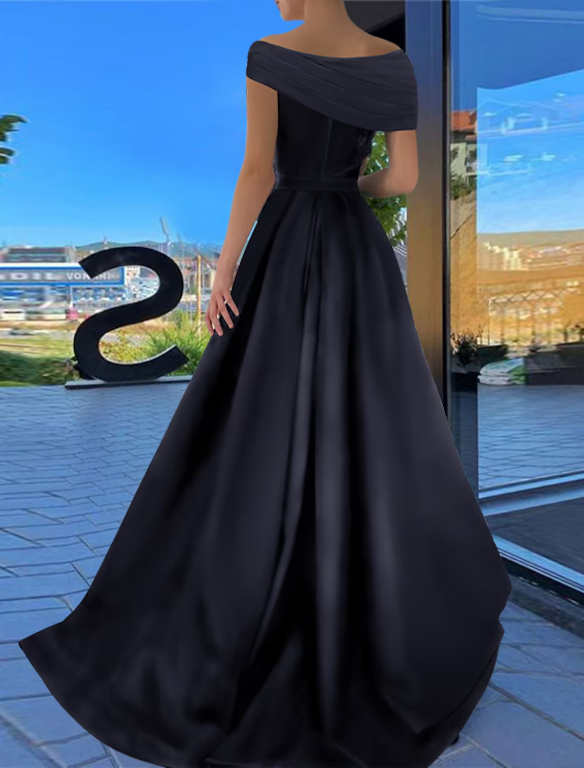 Black Little Dress Dress Formal Floor Length Short Sleeve Off Shoulder with Ruched Slit
