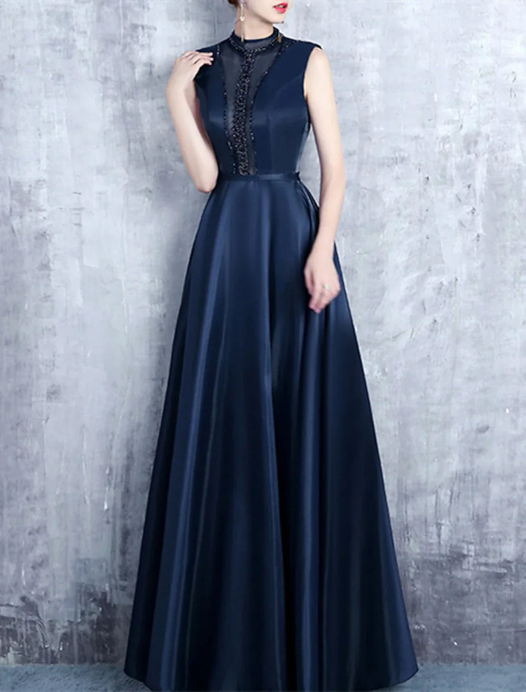 Evening Gown Elegant Dress Formal Wedding Guest Floor Length Sleeveless High Neck with Pleats