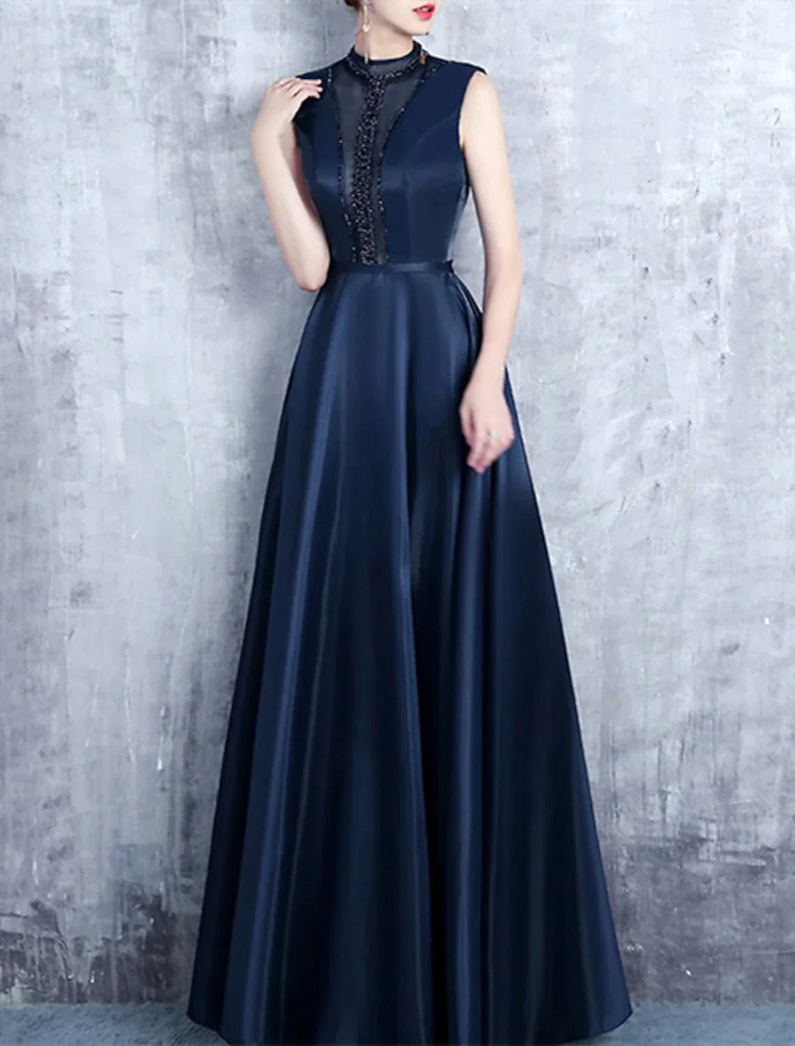 Evening Gown Elegant Dress Formal Wedding Guest Floor Length Sleeveless High Neck with Pleats