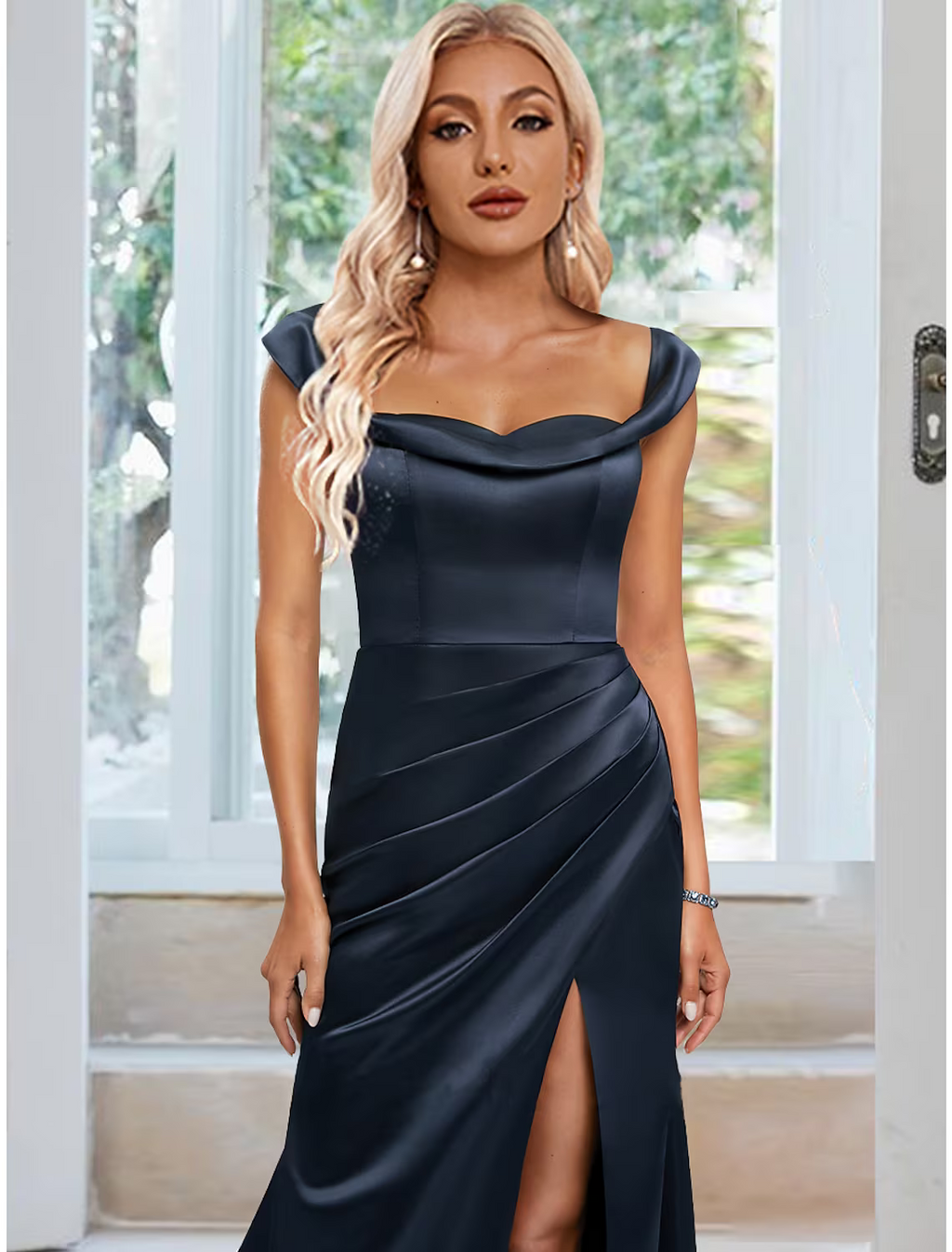 Open Back Dress Party Wear Sleeveless Off Shoulder Backless with Ruched Slit