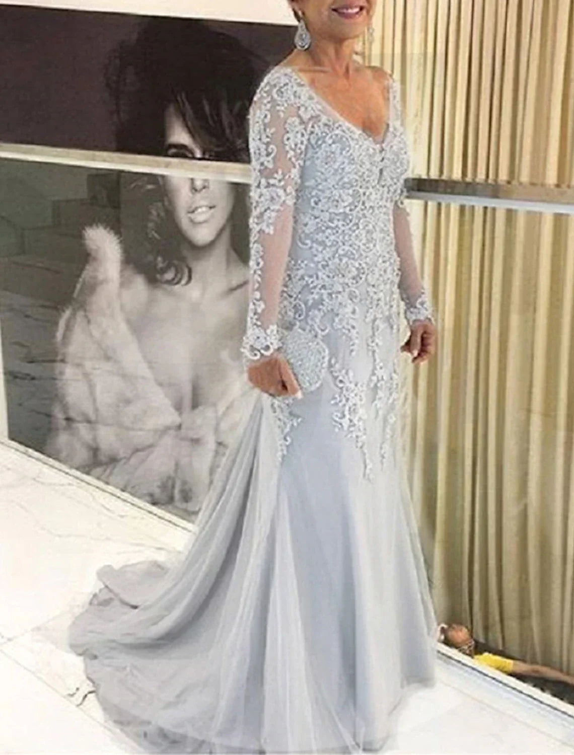 Mermaid / Trumpet Mother of the Bride Dresses Plus Size Hide Belly Curve Fall Wedding Guest Dresses Formal Sweep / Brush Train Long Sleeve V Neck with Appliques