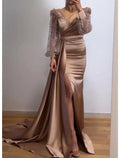 Mermaid / Trumpet Evening Gown Sparkle & Shine Dress Formal Court Train Long Sleeve V Neck Fall Wedding Guest Charmeuse