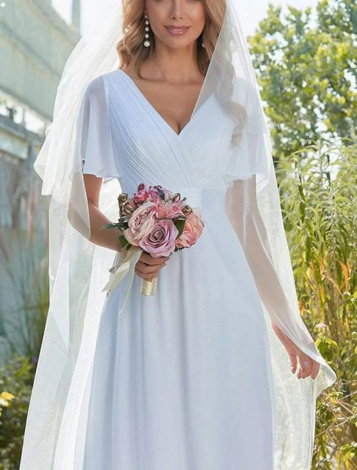 Evening Gown Elegant Dress Wedding Guest Wedding Party Floor Length Half Sleeve V Neck Bridesmaid Dress V Back with Pleats