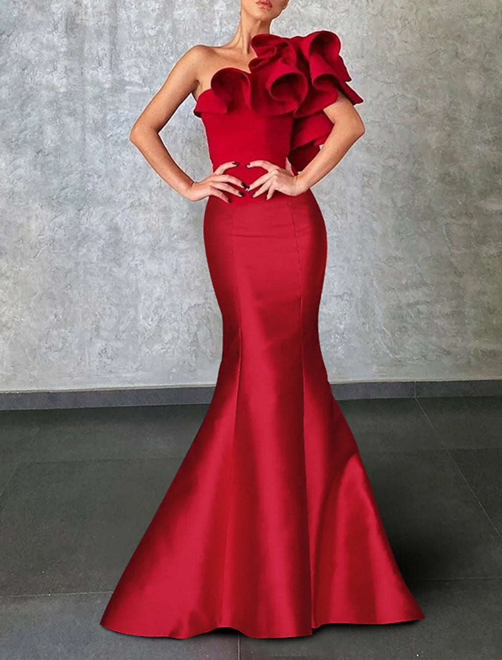 Black Mermaid Dress Christmas Red Green Dress Evening Gown Corsets Dress Christmas Red Green Dress Formal Wedding Guest Floor Length Sleeveless One Shoulder Taffeta with Ruffles Shouder Flower