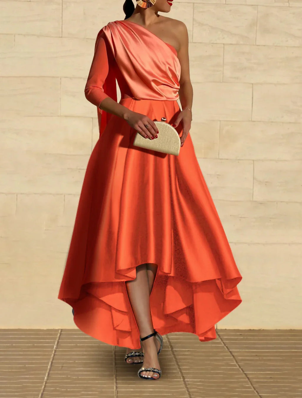 Evening Gown Elegant Dress Formal Wedding Party Tea Length 3/4 Length Sleeve One Shoulder Fall Wedding Guest with Ruched