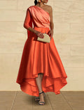 Evening Gown Elegant Dress Formal Wedding Party Tea Length 3/4 Length Sleeve One Shoulder Fall Wedding Guest with Ruched