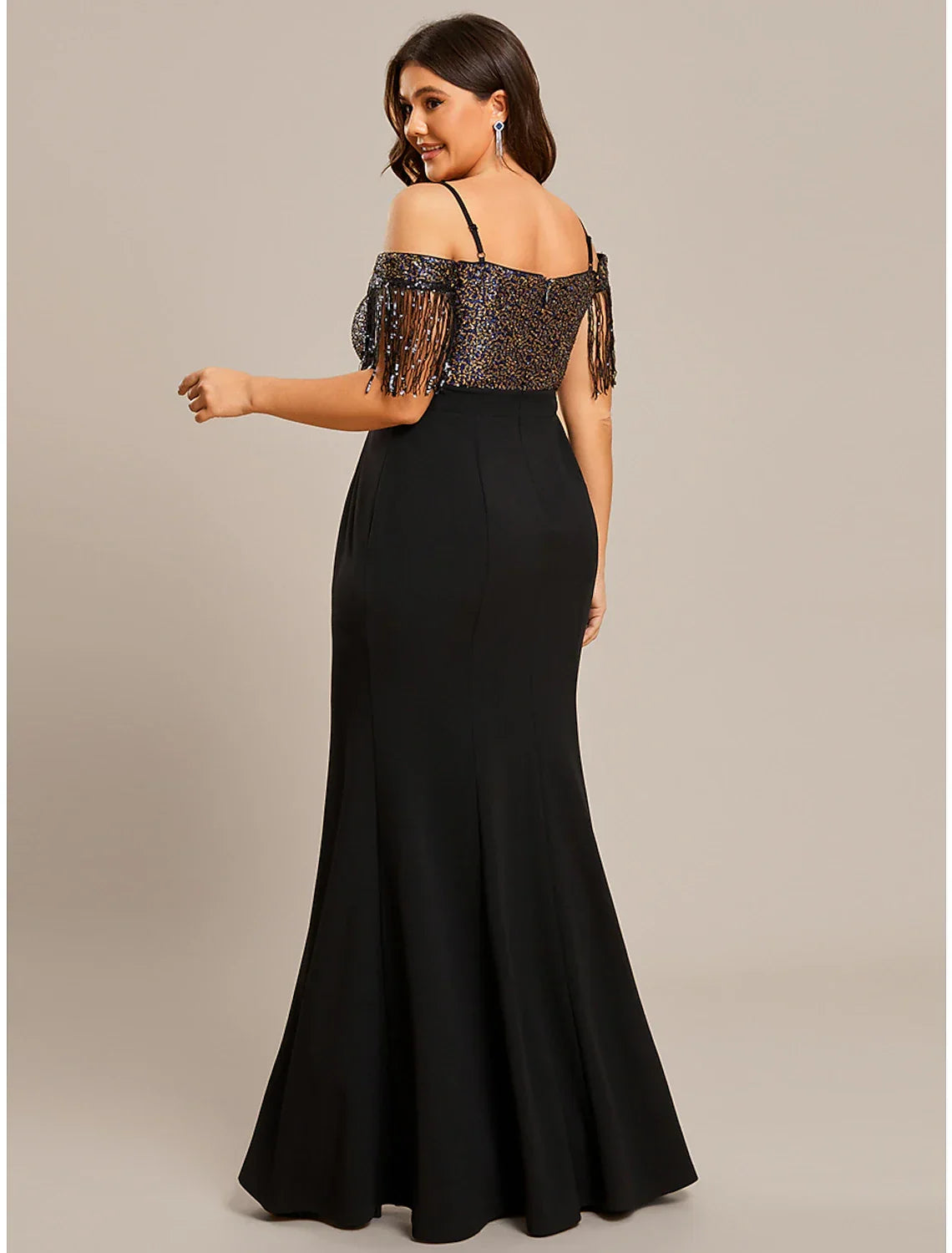 Black Mermaid / Trumpet Wedding Guest Dresses Minimalist Dress Formal Tie Floor Length Short Sleeve Off Shoulder Fabric with Fringe Tassel