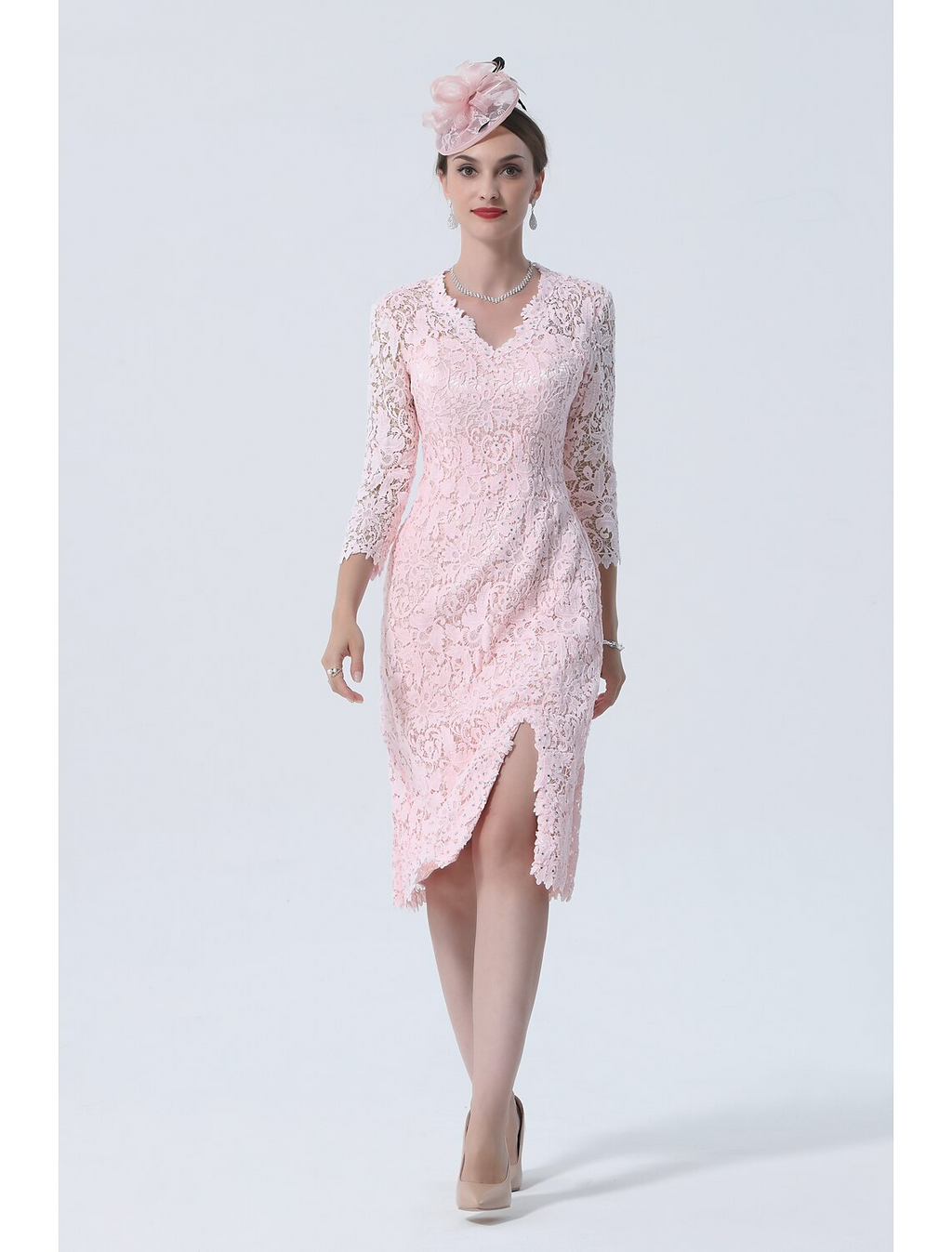Mother of the Bride Dress Plus Size V Neck Knee Length Sleeve with Split Front