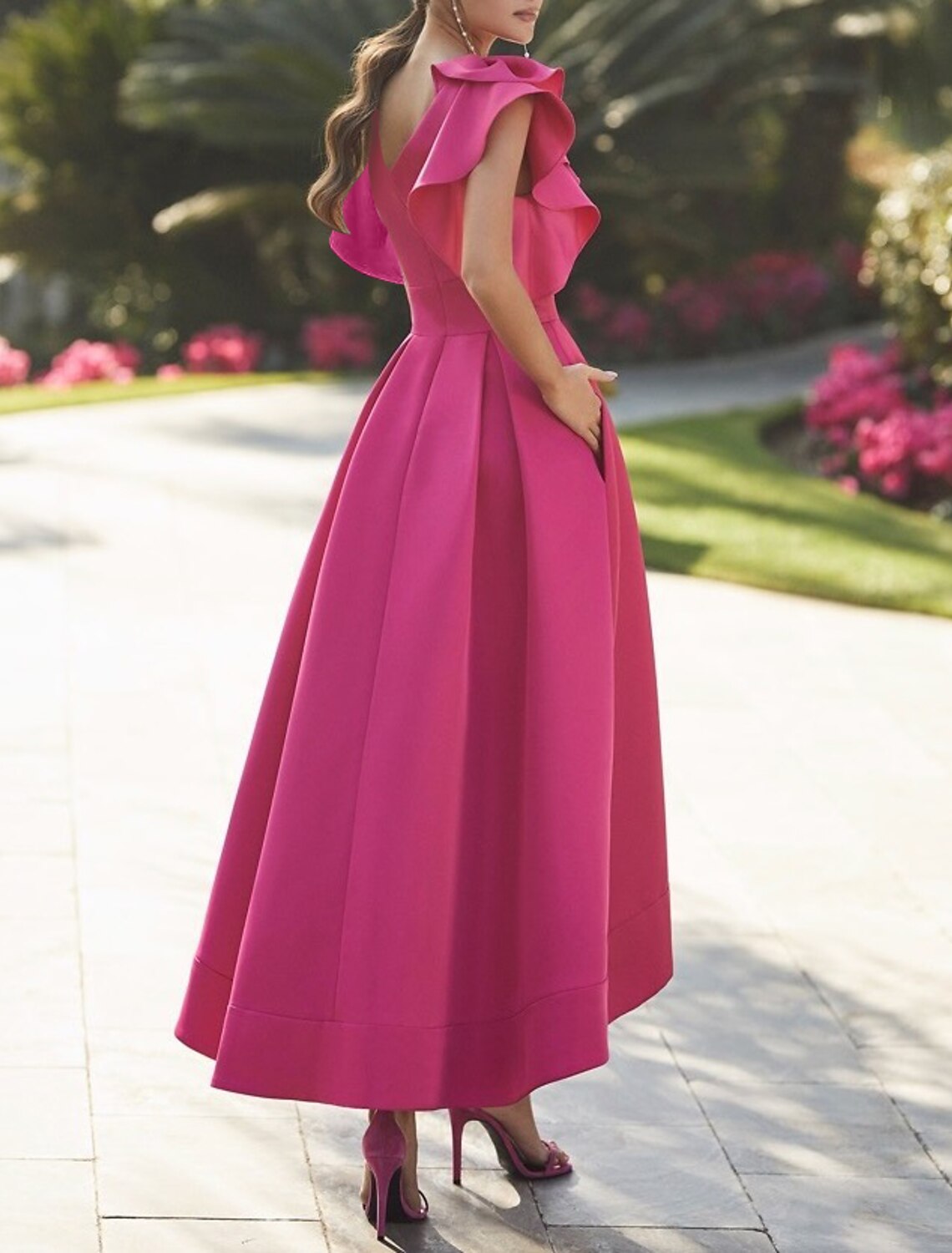Cocktail Party Dress Elegant Dress Semi Formal Asymmetrical Sleeveless V Neck Fall Wedding Guest Fabric with Ruffles