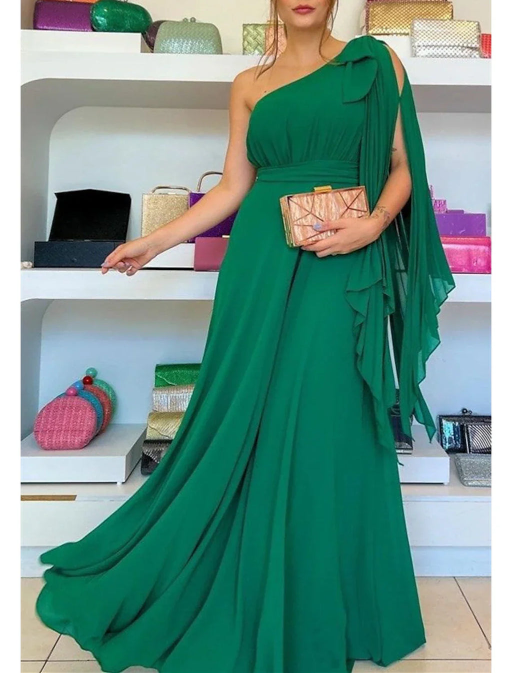 Green Evening Gown Party Dress Christmas Red Dress Elegant Formal Wedding Guest Sweep / Brush Train Sleeveless One Shoulder Capes with Ruffles