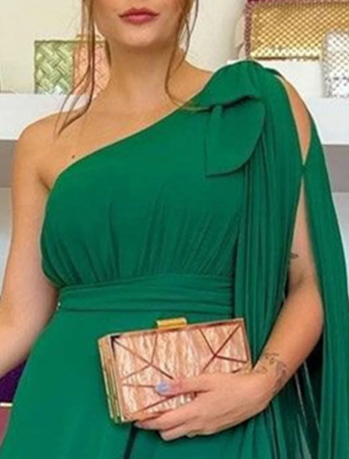 Green Evening Gown Party Dress Christmas Red Dress Elegant Formal Wedding Guest Sweep / Brush Train Sleeveless One Shoulder Capes with Ruffles