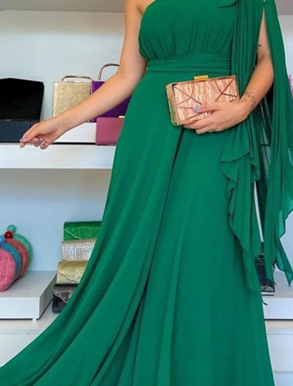 Green Evening Gown Party Dress Christmas Red Dress Elegant Formal Wedding Guest Sweep / Brush Train Sleeveless One Shoulder Capes with Ruffles
