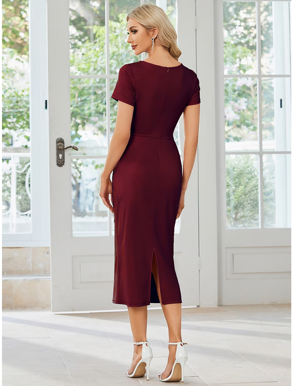 Wedding Guest Dresses Dress Party Wear Length Short Sleeve V Neck Fabric with Slit Strappy