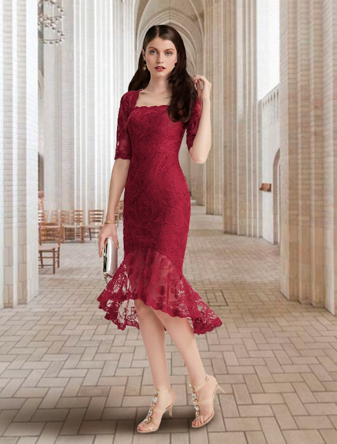 Mother of the Bride Dress Vintage Elegant High Low Square Neck Asymmetrical Half Sleeve with Ruffles Appliques