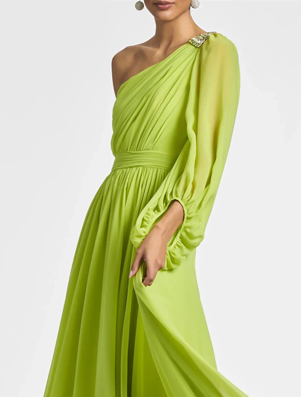 Evening Gown Elegant Dress Formal Wedding Party Floor Length Long Sleeve One Shoulder Fall Wedding Guest with Ruched