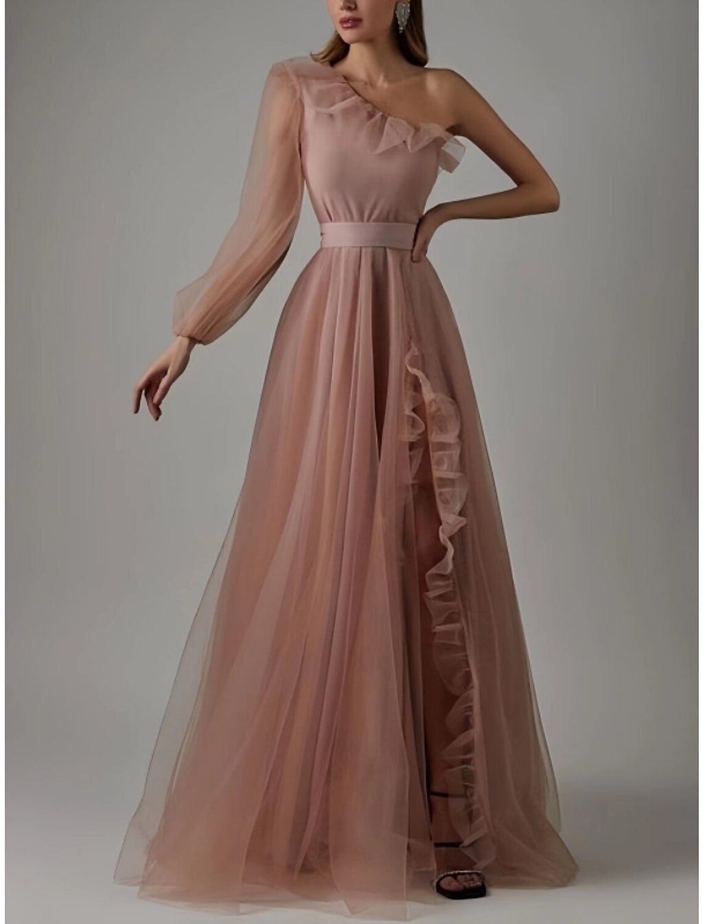 Black Sheath Prom Dress Elegant Dress Plus Size Evening Birthday Floor Length Long Sleeve One Shoulder with Pleats Ruffles