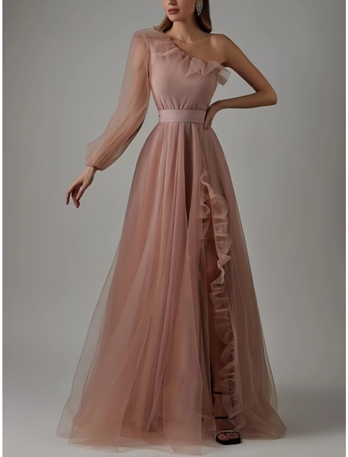 Black Sheath Prom Dress Elegant Dress Plus Size Evening Birthday Floor Length Long Sleeve One Shoulder with Pleats Ruffles