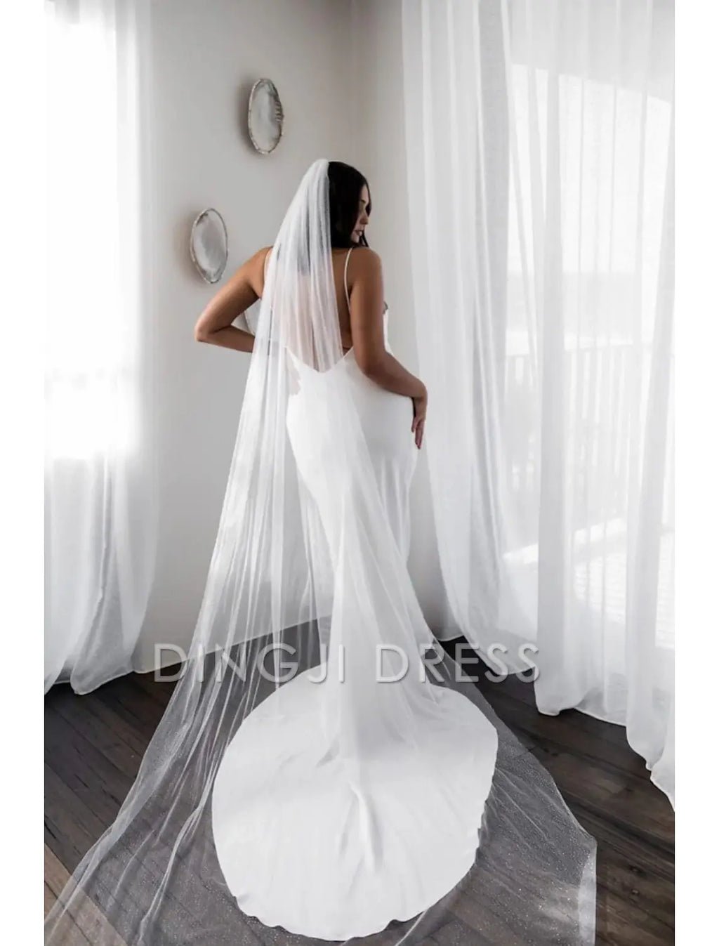 Ding Ji One-tier Simple Sparkle Shine Wedding Veil Cathedral Veils with 110.24 in (280cm) Charming Hot Sale Veil