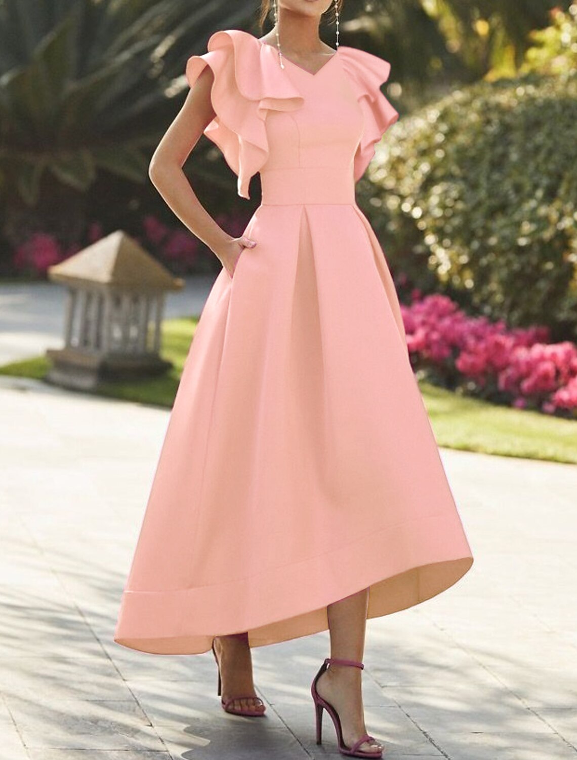 Cocktail Party Dress Elegant Dress Semi Formal Asymmetrical Sleeveless V Neck Fall Wedding Guest Fabric with Ruffles