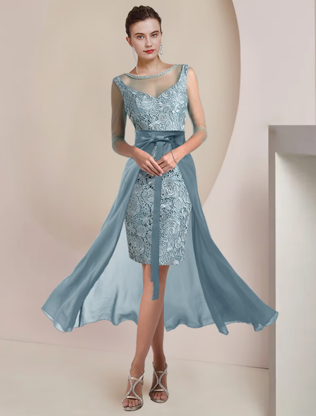 Two Piece Mother of the Bride Dress Formal Wedding Guest Vintage Elegant Length Knee Length Length Sleeve with Beading Appliques