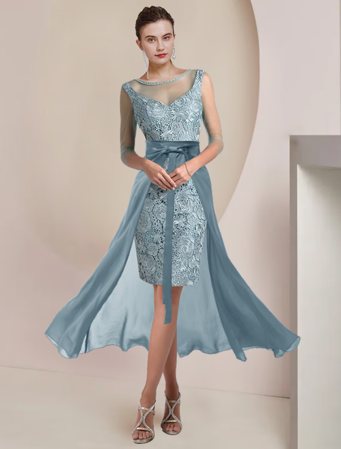 Two Piece Mother of the Bride Dress Formal Wedding Guest Vintage Elegant Length Knee Length Length Sleeve with Beading Appliques