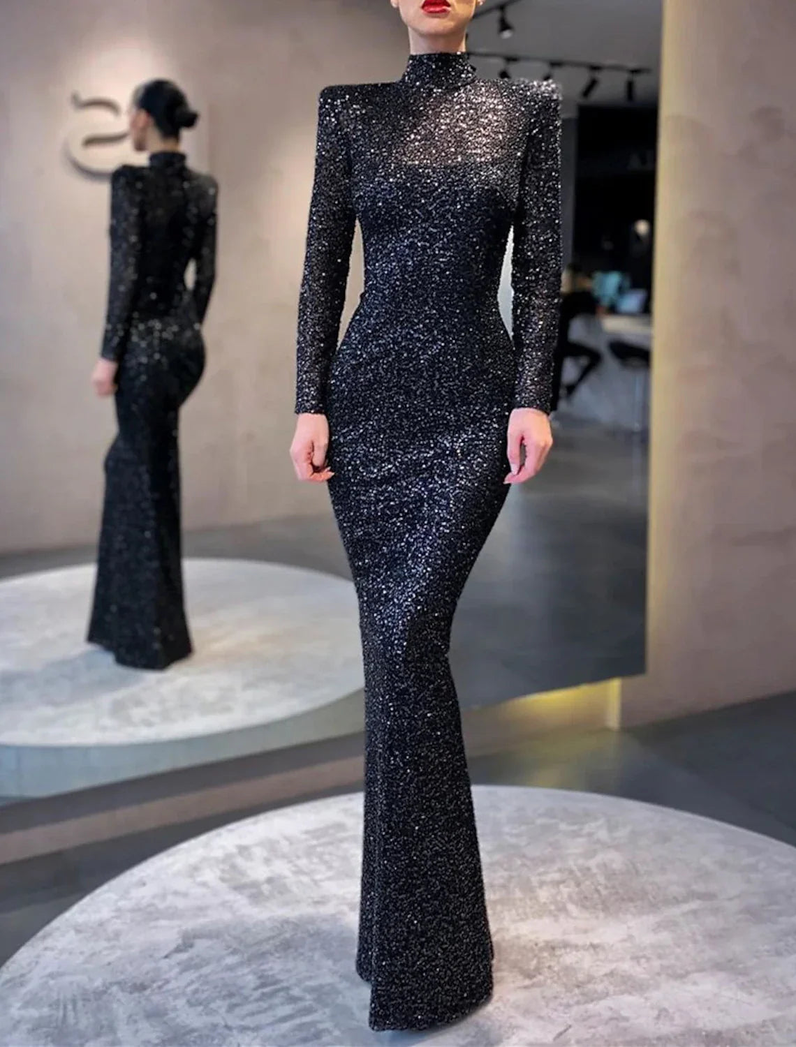 Black Mermaid Dress Evening Gown Sparkle & Shine Dress Formal Cocktail Party Floor Length Long Sleeve High Neck