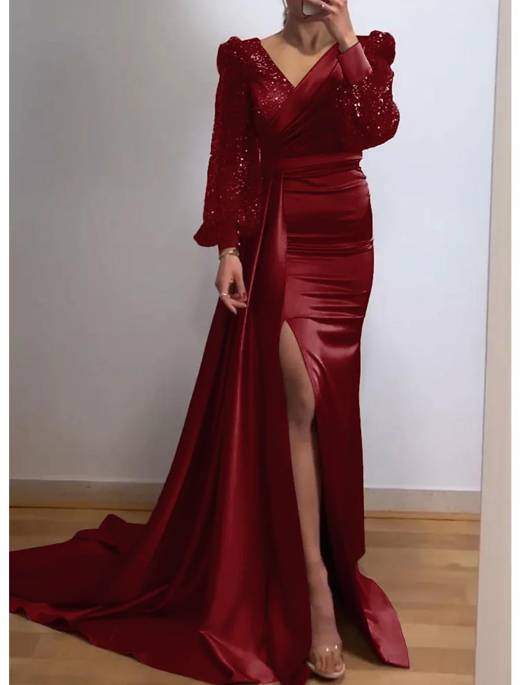 Mermaid / Trumpet Evening Gown Sparkle & Shine Dress Formal Court Train Long Sleeve V Neck Fall Wedding Guest Charmeuse