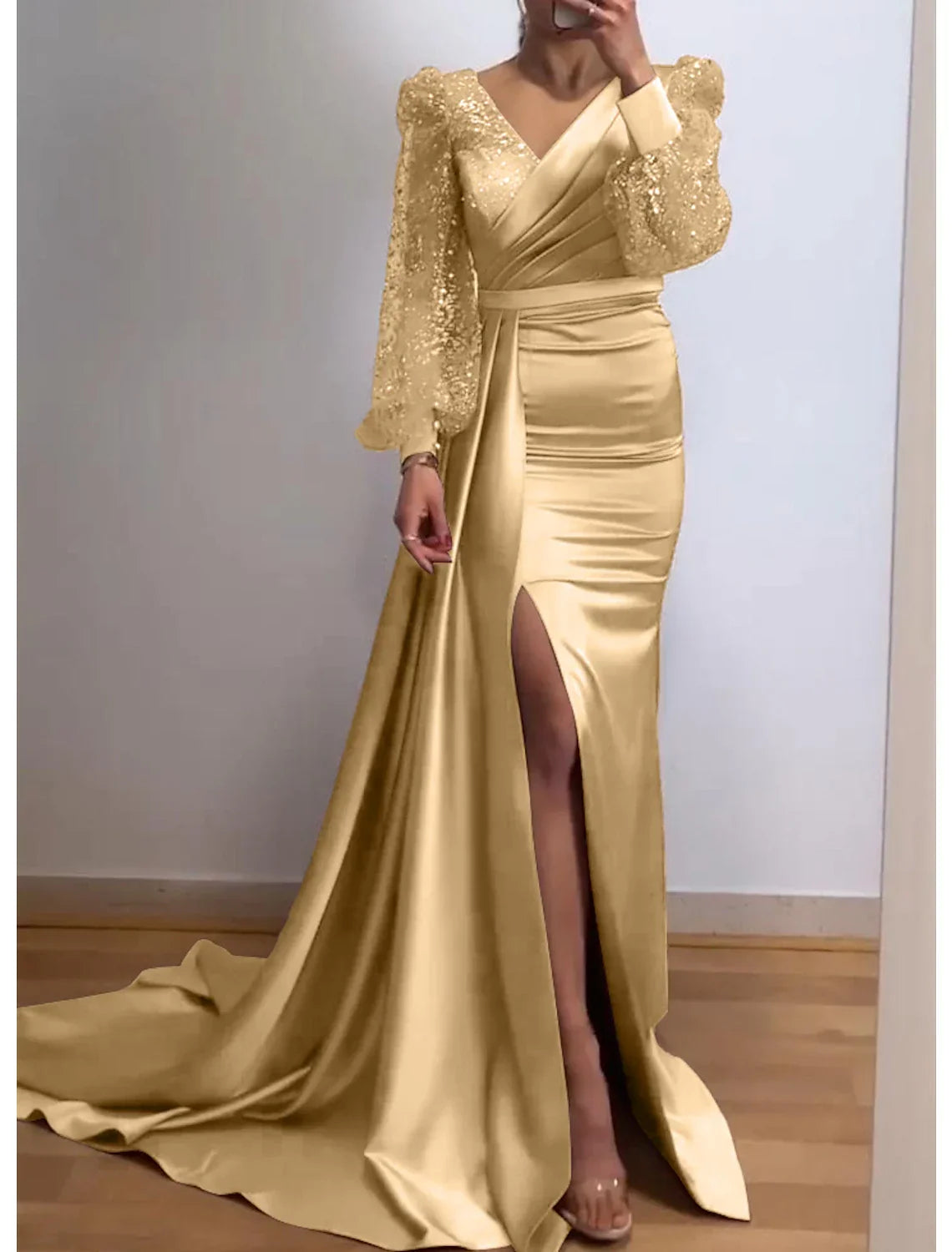 Mermaid / Trumpet Evening Gown Sparkle & Shine Dress Formal Court Train Long Sleeve V Neck Fall Wedding Guest Charmeuse