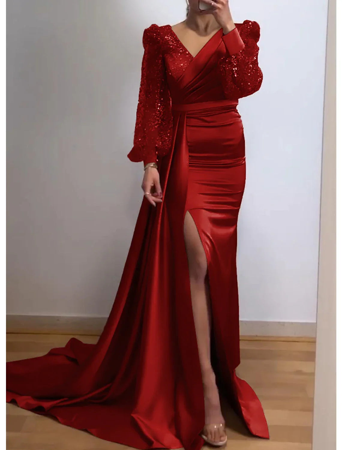 Mermaid / Trumpet Evening Gown Sparkle & Shine Dress Formal Court Train Long Sleeve V Neck Fall Wedding Guest Charmeuse