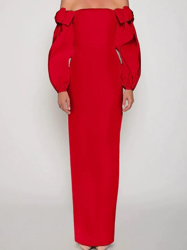 Sheath / Column Evening Gown Elegant Dress Formal Christmas Ankle Length Long Sleeve Off Shoulder with Bow(s) Ruched