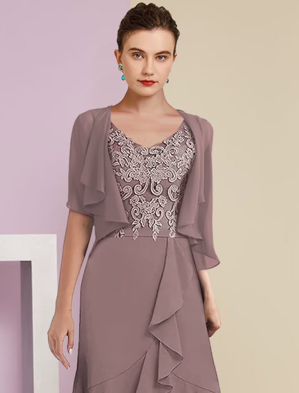 Two Piece A-Line Mother of the Bride Dress Formal Wedding Guest Elegant High Low V Neck Asymmetrical Length Short Sleeve Sleeve Wrap Included with Appliques