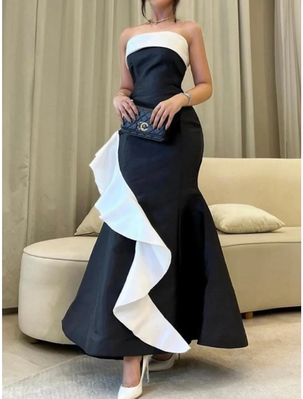 Black Evening Gown Elegant Dress Formal Ankle Length Dress Sleeveless Strapless with Ruffles