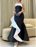 Black Evening Gown Elegant Dress Formal Ankle Length Dress Sleeveless Strapless with Ruffles