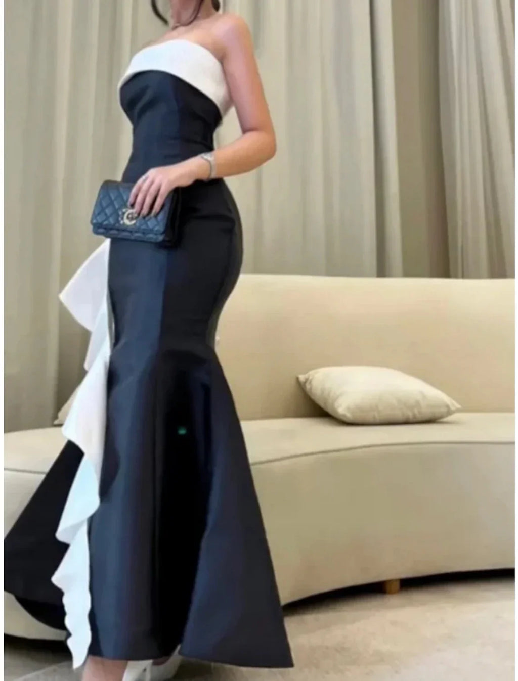 Black Evening Gown Elegant Dress Formal Ankle Length Dress Sleeveless Strapless with Ruffles